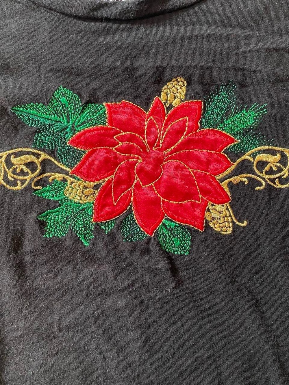 Vintage 80s Christmas Embroidered Poinsettia Long Sleeve Shirt 100% Cotton Sz M - Picture 3 of 6